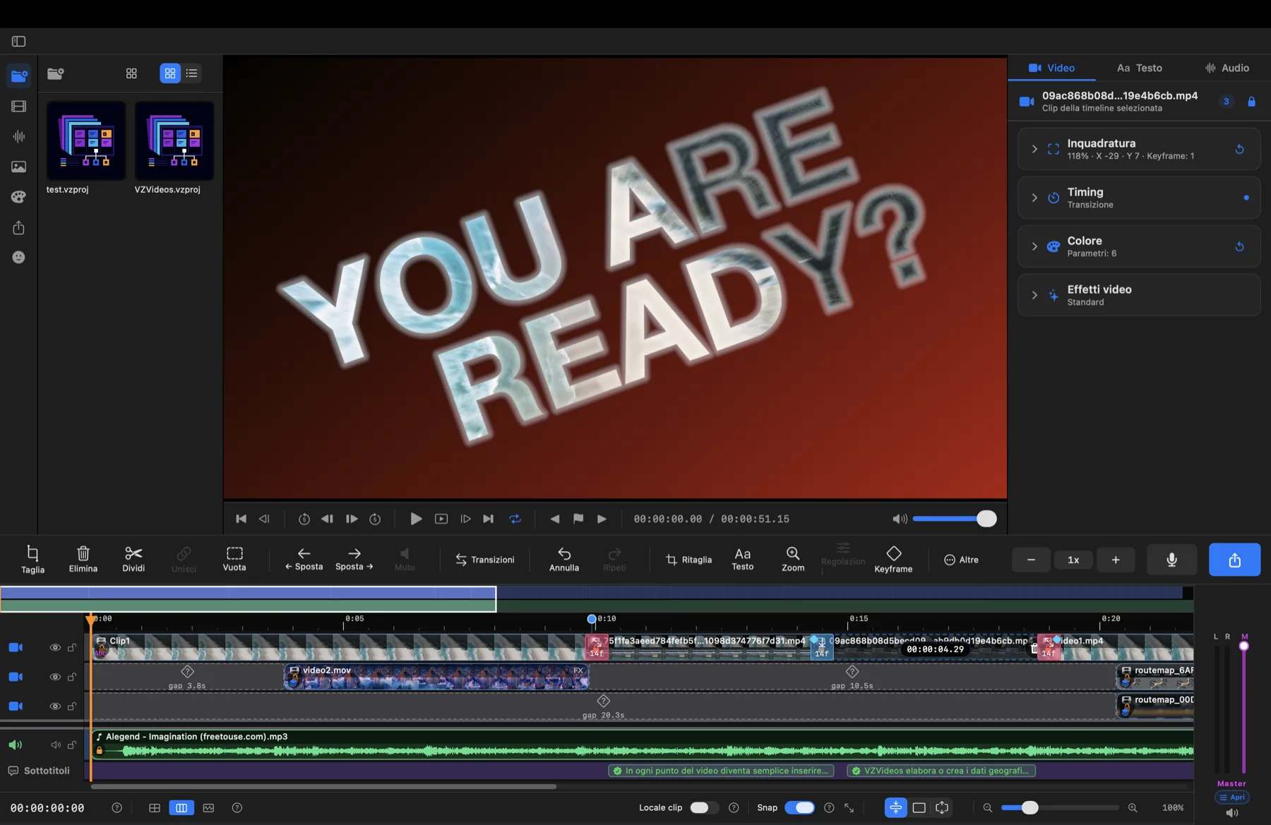 Attraversa il testo applicato: effetto visibile e pillola TFX sulla clip.