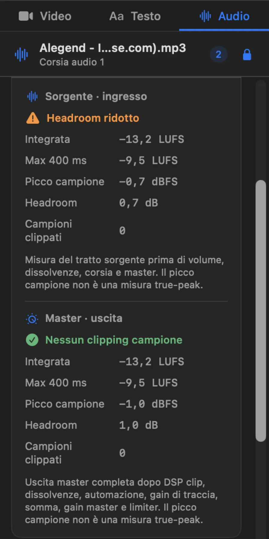Il dettaglio di Analisi livelli confronta il tratto sorgente e l'uscita master finale.