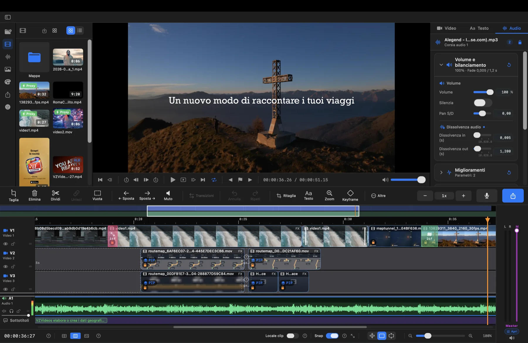 La tab Audio nel contesto completo del montaggio: clip selezionata, timeline, channel strip e Inspector.
