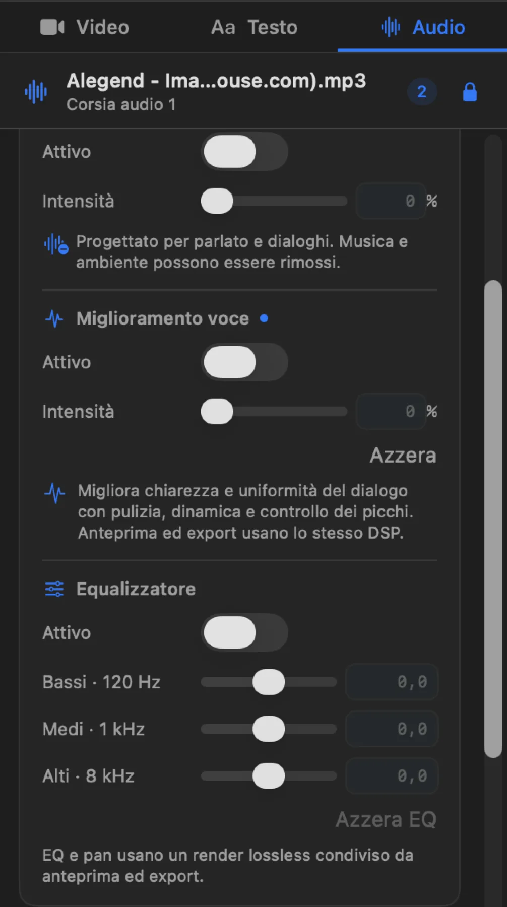 La card Miglioramenti raccoglie isolamento, miglioramento voce ed EQ.