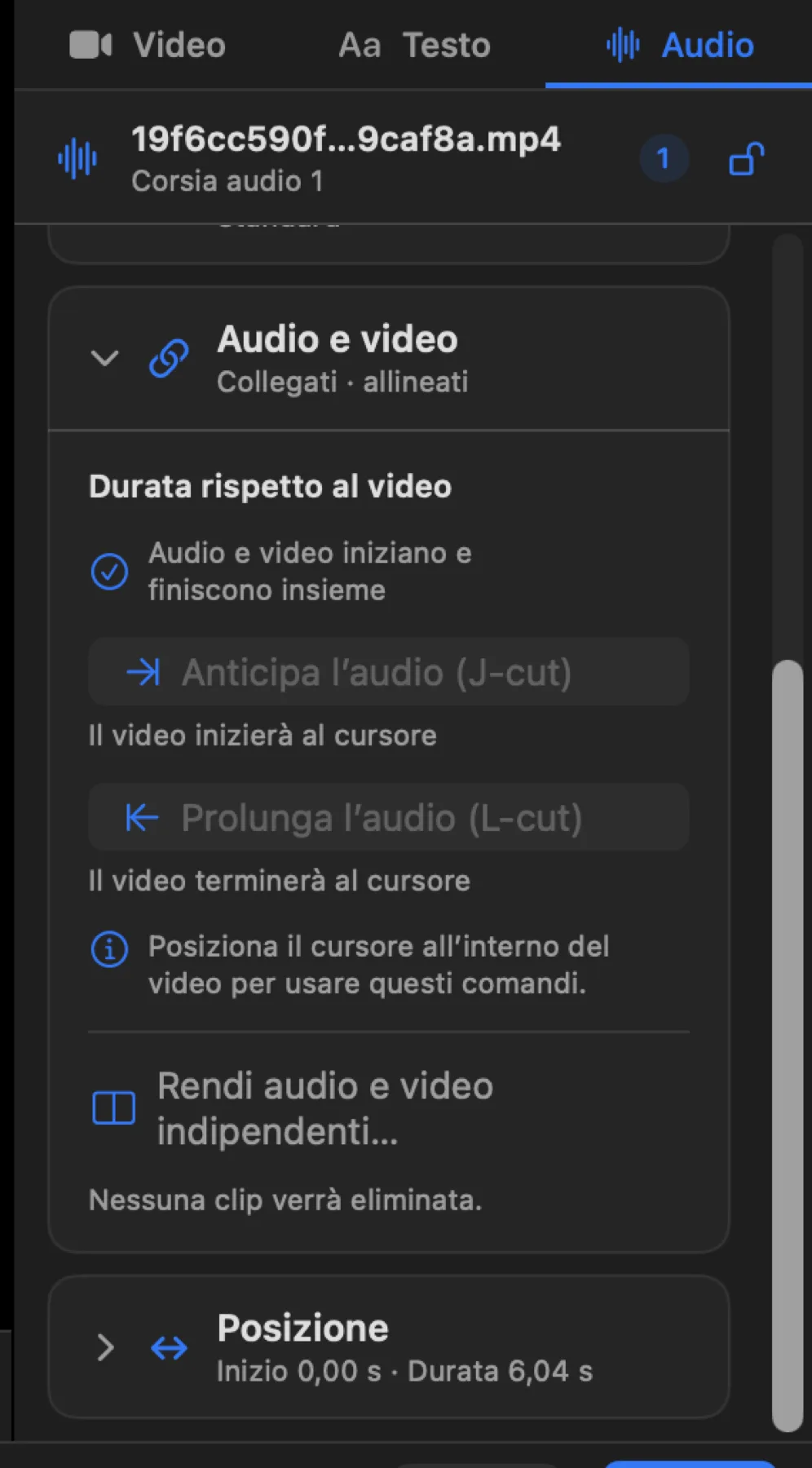 La card Audio e video nella build finale: stato esplicito, azioni J/L descritte in linguaggio naturale, conferma che lo scollegamento non elimina clip e Posizione separata.