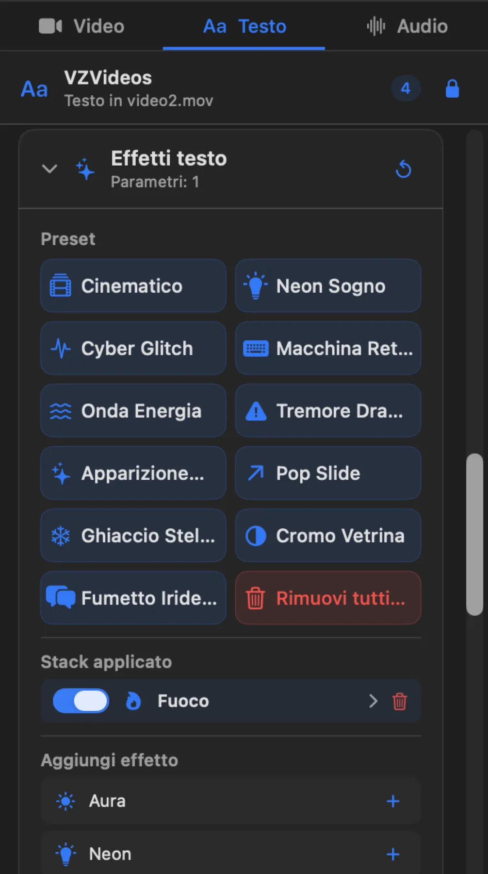 La card Effetti testo offre preset, stack applicato e palette di aggiunta.