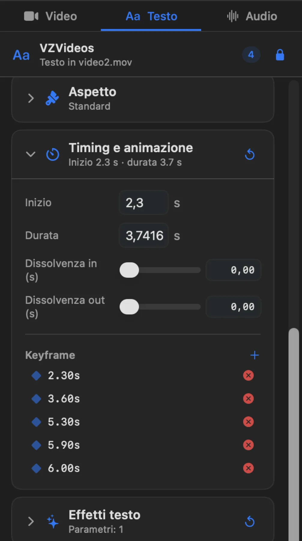 Nella card Timing e animazione, ogni rombo è un keyframe dell'overlay; VZVideos calcola i fotogrammi intermedi.