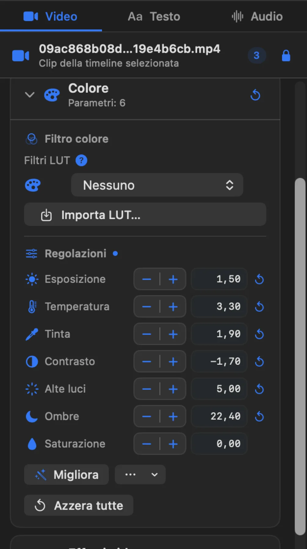 La card Colore riunisce filtro LUT, regolazioni manuali e Migliora.