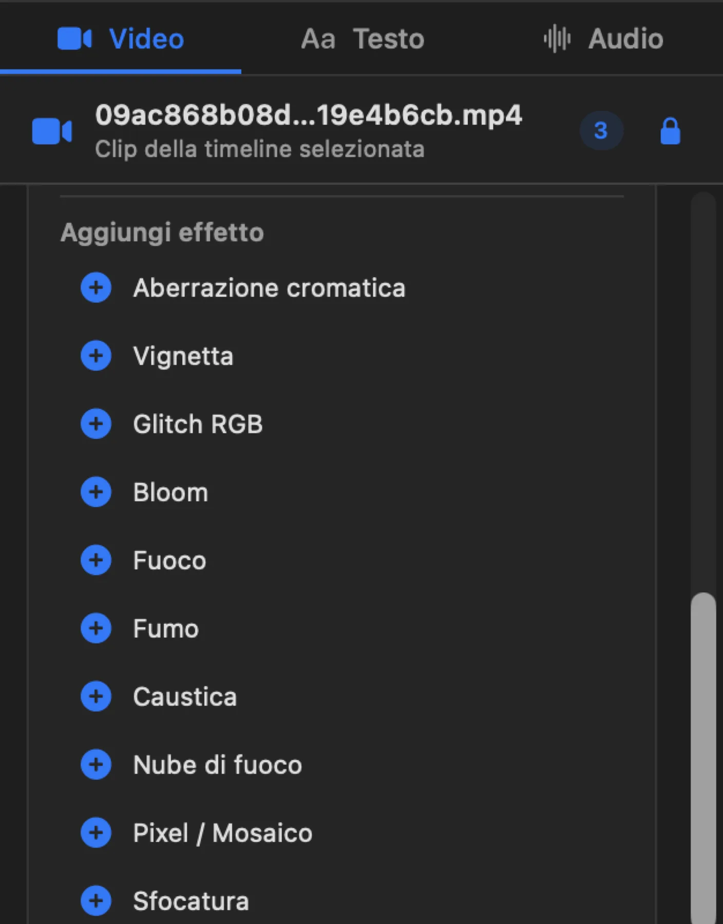 La palette Aggiungi effetto: ogni pulsante + crea una nuova istanza.