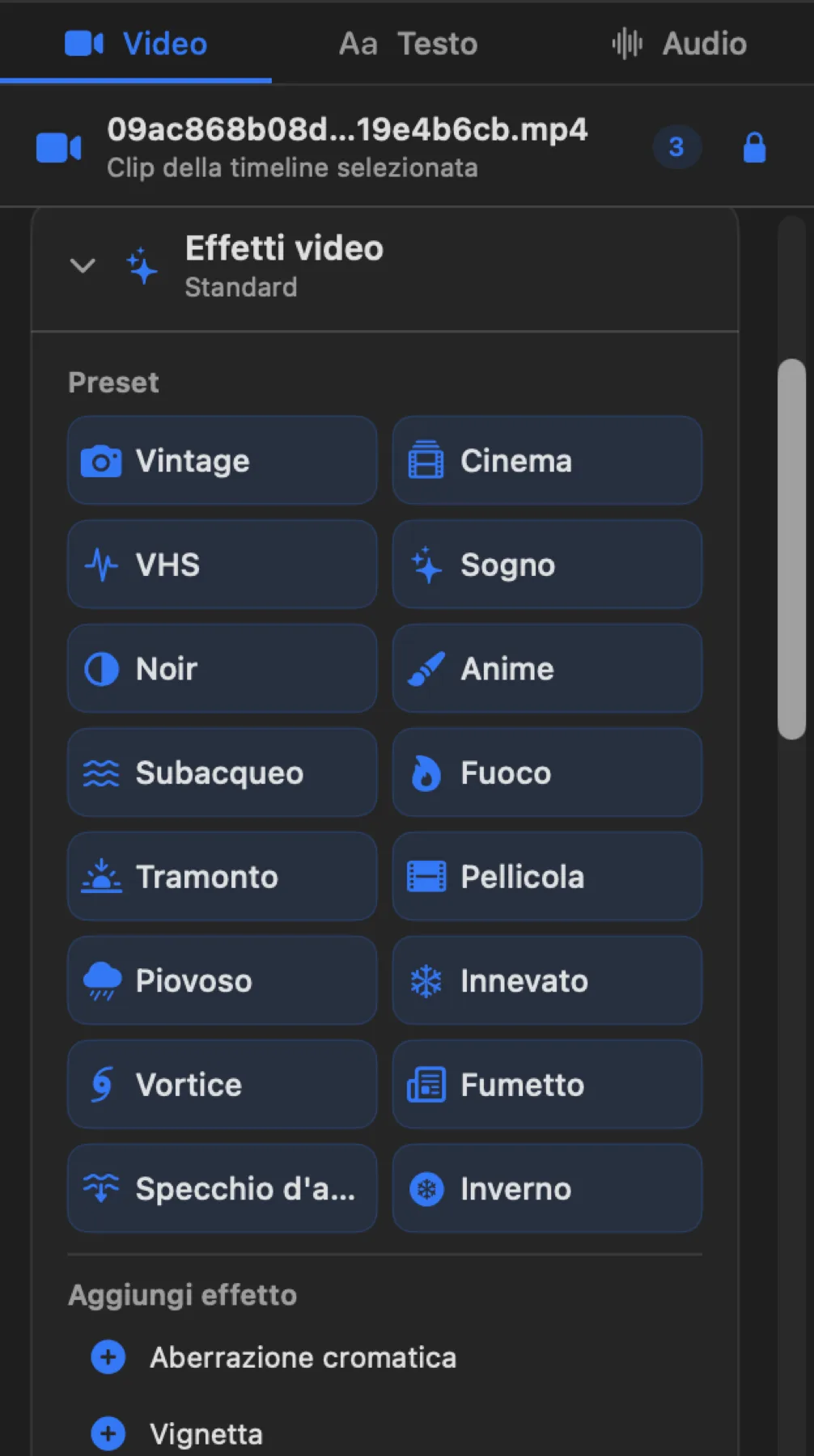 L'inizio della card Effetti video con i preset pronti e l'accesso alla palette.