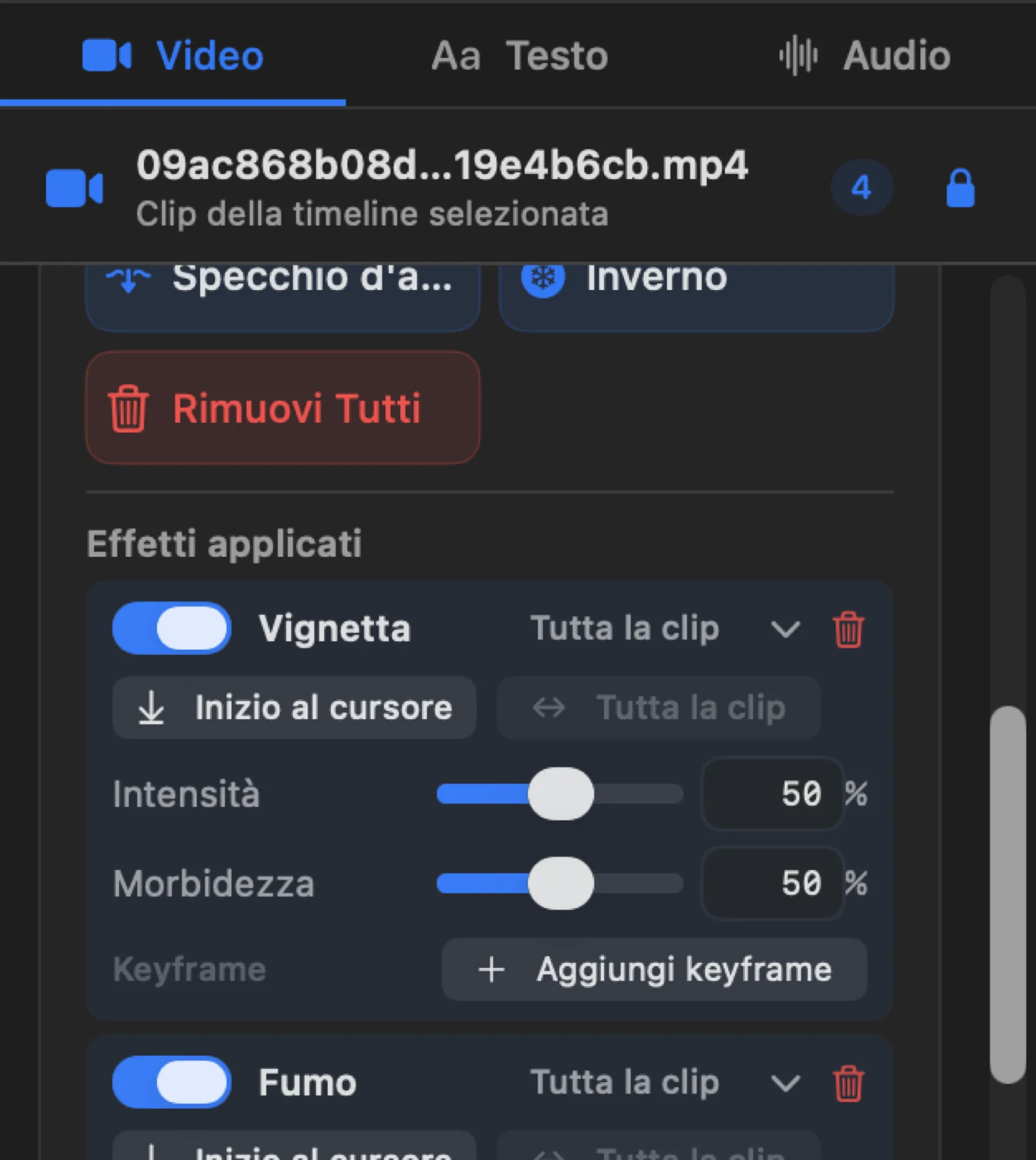 La card Effetti video mostra lo stack applicato e i parametri di ogni istanza.