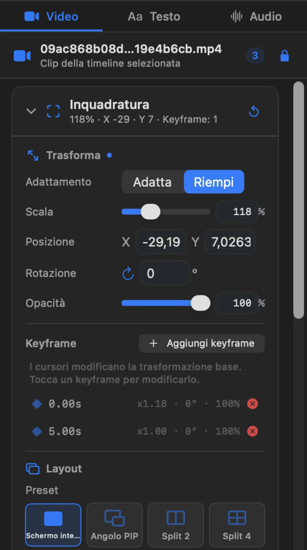 La card Inquadratura aperta sui controlli di Trasforma.