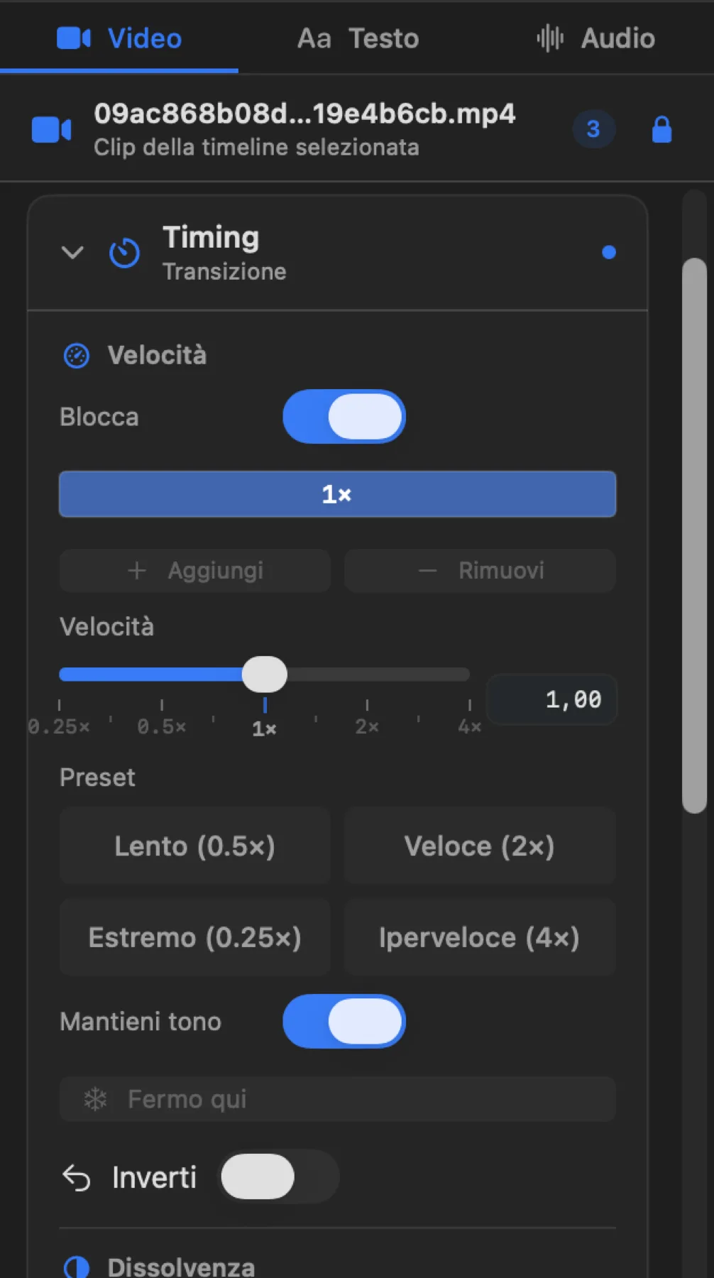 La card Timing aperta sui controlli completi della velocità.