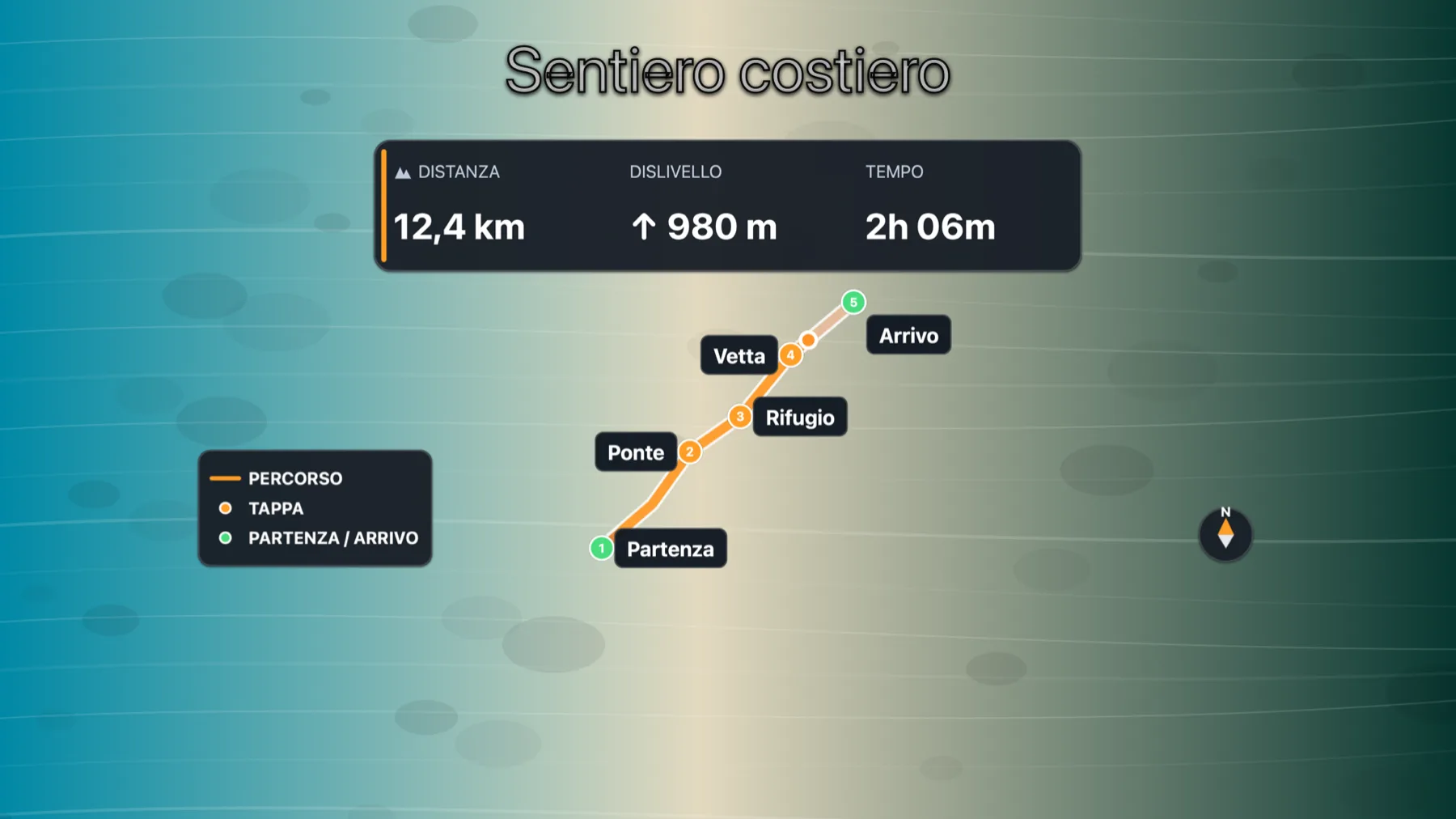 Una mappa con tutti gli elementi attivi (stile *Testi chiari*, dimensione *Standard*), qui su uno sfondo di prova: nel tuo progetto sotto c'è il video.