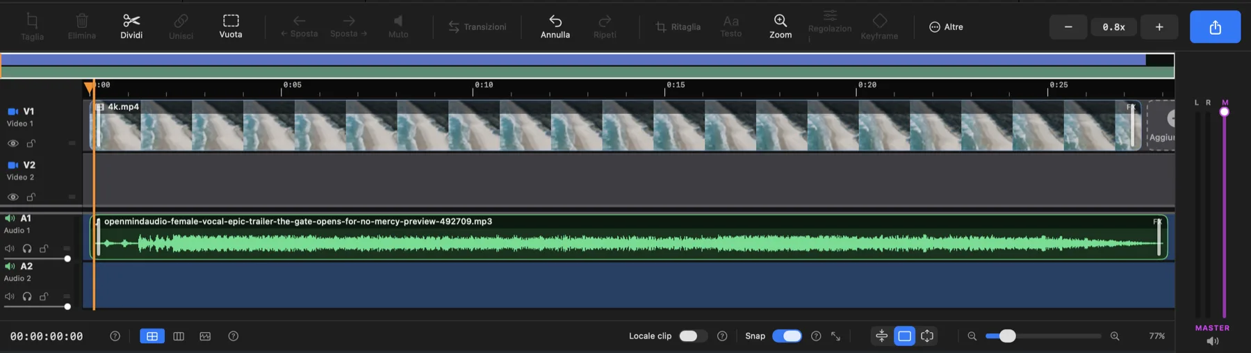 La timeline nella vista Equilibrio (2 tracce video + 2 audio).