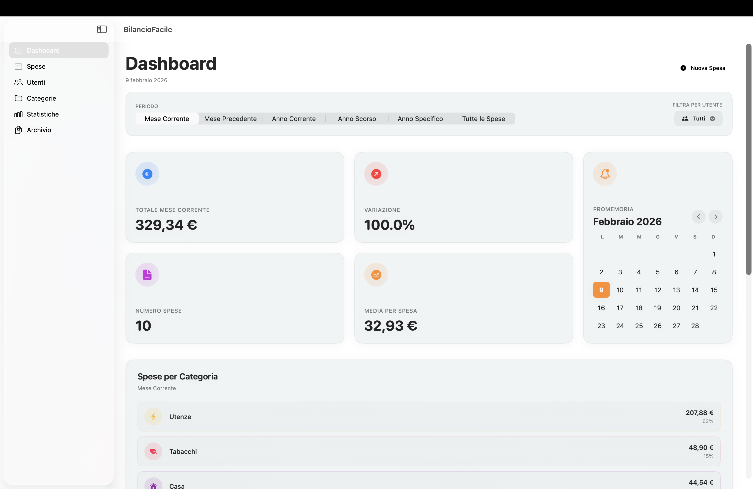 BilancioFacile - Dashboard
