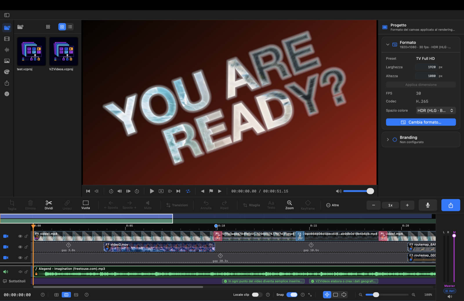 VZVideos - Timeline multi-traccia con testo animato in anteprima